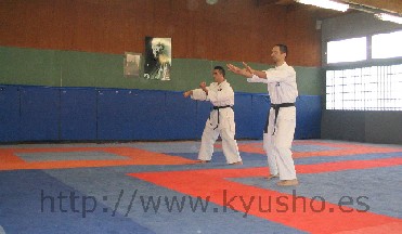 Raúl realizando kata Sanchin con un compañero francés
